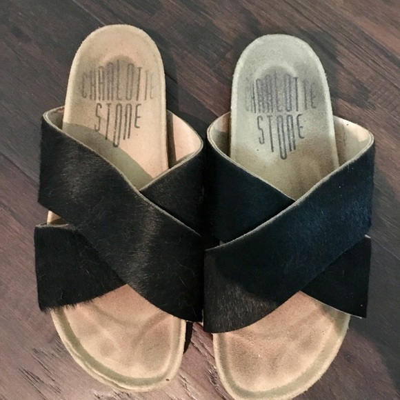 ❤️Charlotte Stone Black Pony Hair Sandal Slides - Picture 3 of 5